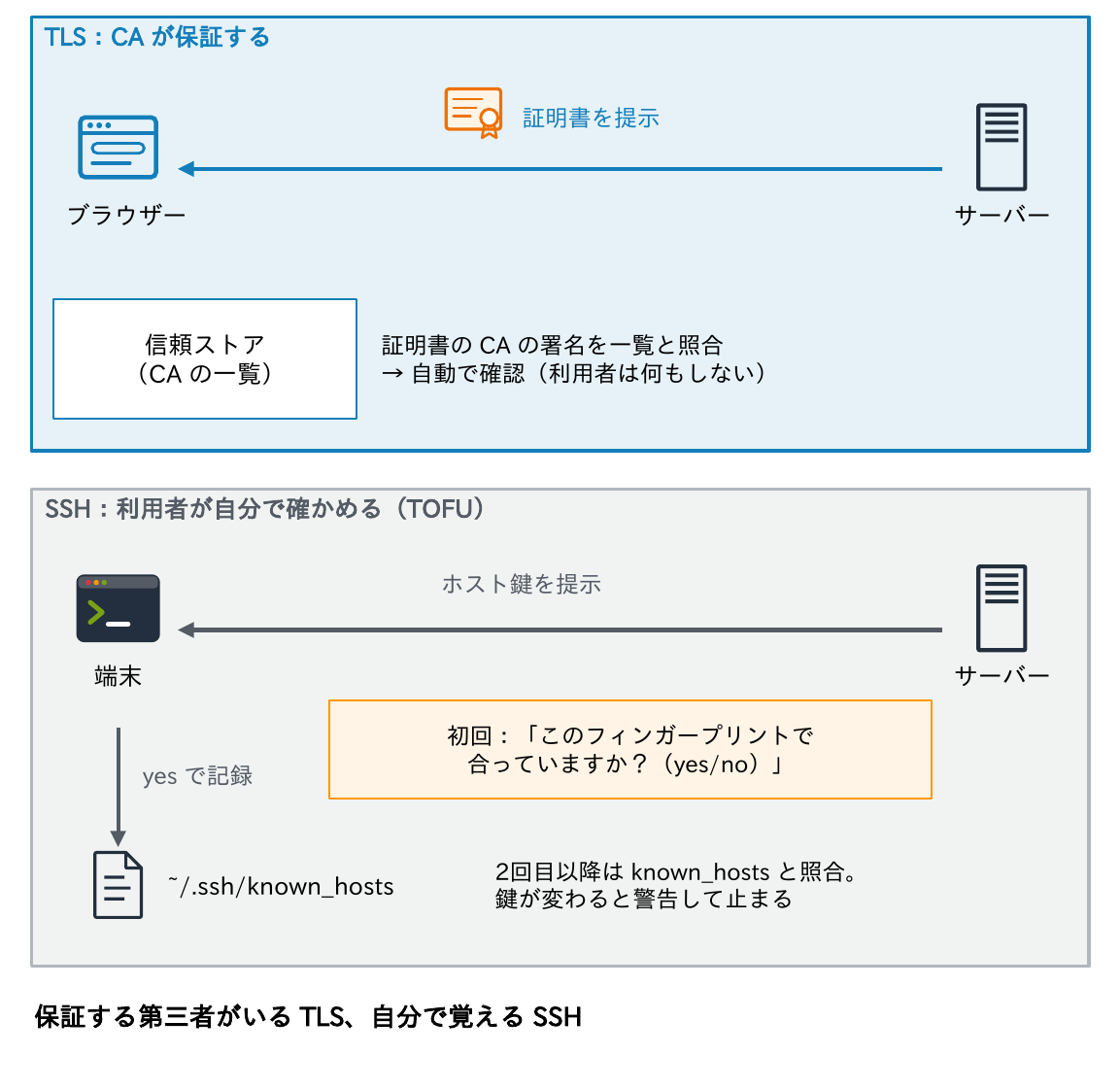 TLSではサーバーが証明書を提示し、ブラウザーが信頼ストアのCAの一覧と照合して自動で確認するのに対し、SSHでは初回にフィンガープリントを利用者が確かめてknown_hostsに記録し、2回目以降は照合して鍵が変わると警告して止まることを示す図