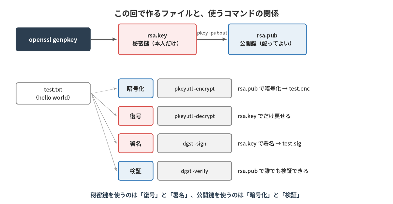 genpkeyで秘密鍵rsa.keyを作り、pkey -puboutで公開鍵rsa.pubを取り出し、test.txtに対して公開鍵で暗号化・秘密鍵で復号・秘密鍵で署名・公開鍵で検証を行うという、この回の手順の全体像を示す図