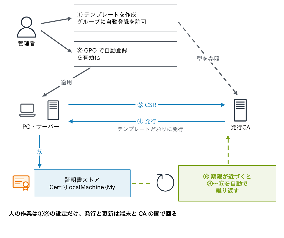 管理者がテンプレートを作成してグループに自動登録を許可し、GPOで自動登録を有効化すると、PC・サーバーがCSRを送り、発行CAがテンプレートどおりに発行して証明書ストアに入り、期限が近づくと自動で繰り返すことを示す図