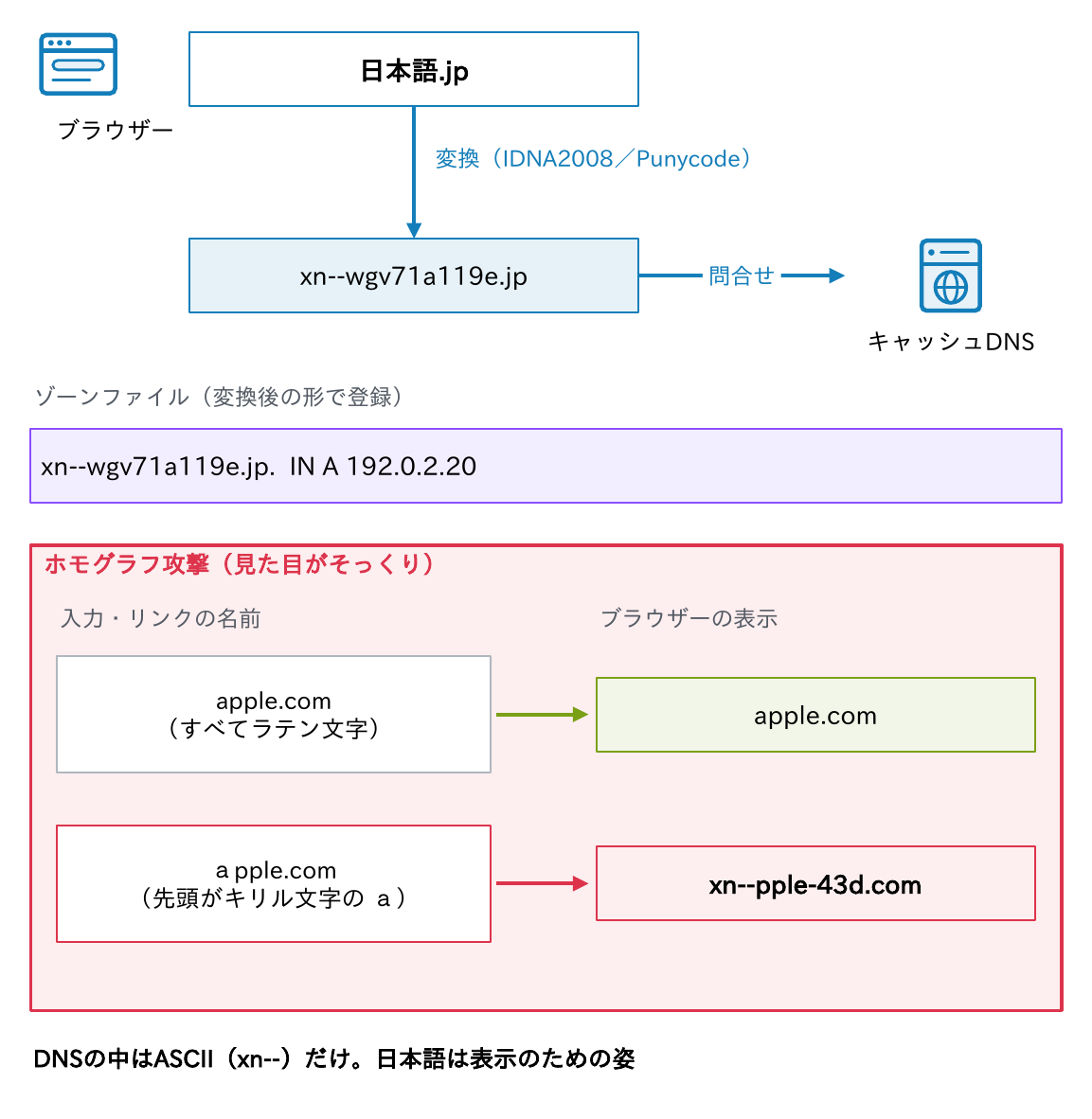 ブラウザーが日本語.jpをxn--wgv71a119e.jpに変換して問い合わせることと、キリル文字を使ったホモグラフ攻撃の例を示す図
