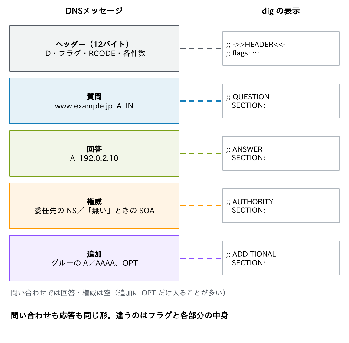 DNSメッセージのヘッダー・質問・回答・権威・追加の5つの部分と、digの表示のHEADER・QUESTION SECTION・ANSWER SECTION・AUTHORITY SECTION・ADDITIONAL SECTIONの対応を示す図