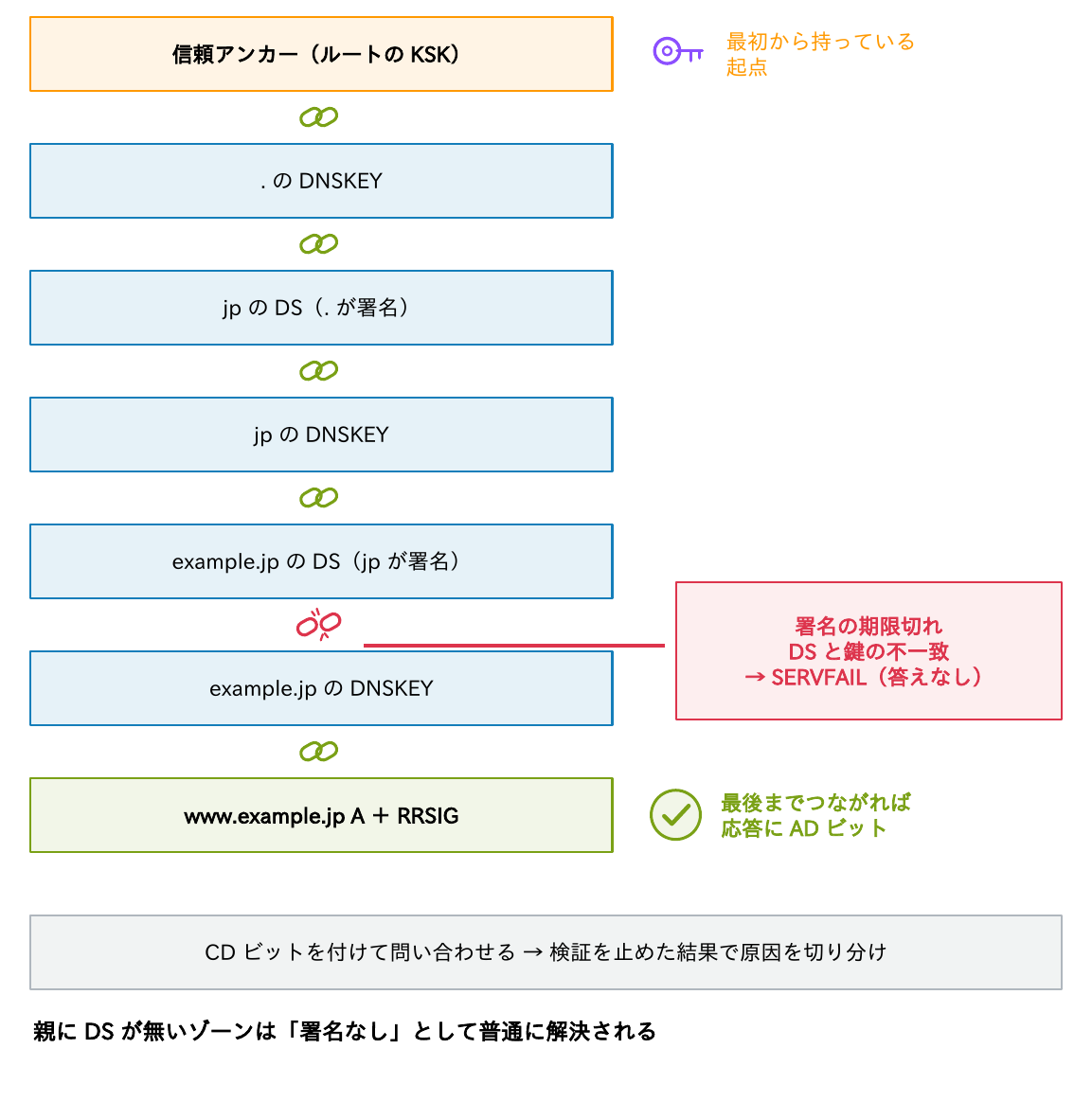 信頼アンカー(ルートのKSK)から、.のDNSKEY、jpのDS、jpのDNSKEY、example.jpのDS、example.jpのDNSKEY、www.example.jpのA+RRSIGと鎖がつながり、途中で切れるとSERVFAIL、最後までつながればADビットが付くことを示す図