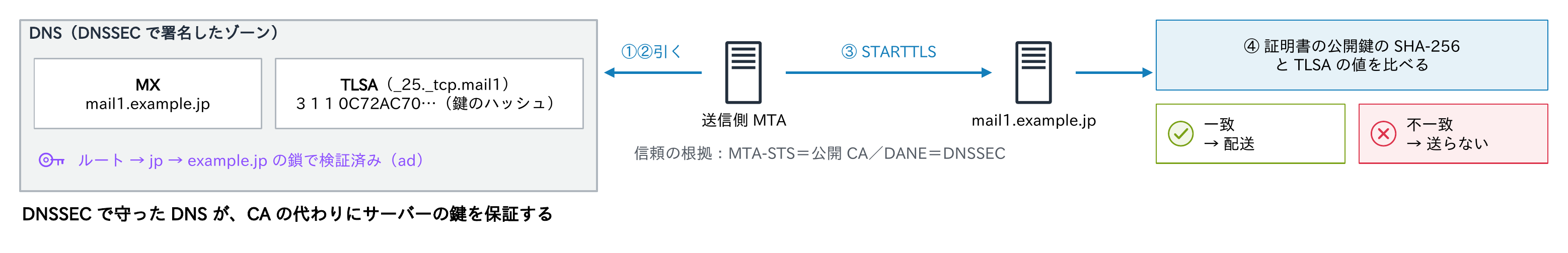 DNSSECで署名したゾーンにMXとTLSAを置き、送信側MTAがルートからの鎖で検証したMXとTLSAを引いて、STARTTLSで受け取った証明書の公開鍵のSHA-256とTLSAの値を比べ、一致すれば配送、不一致なら送らないことと、信頼の根拠がMTA-STSは公開CA、DANEはDNSSECであることを示す図